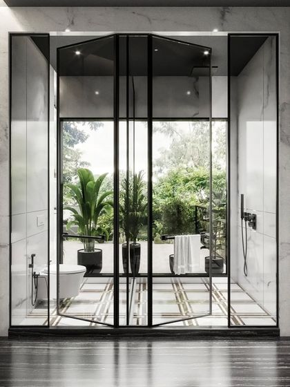 This bathroom design brings the outdoors in with a floor-to-ceiling glass wall that opens to a private garden. Our renders focus on the seamless transition between the interior and exterior, and the interplay of natural and artificial light on the marble surfaces.