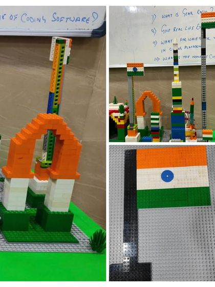 A collage of creations from my Independence Day LEGO workshop. Kids built the Indian flag, space rockets, and the India Gate, expressing their creativity and patriotism.