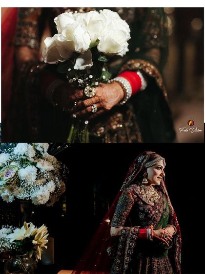 A collage showing the bride's full portrait and a detail shot of her holding a white rose bouquet.