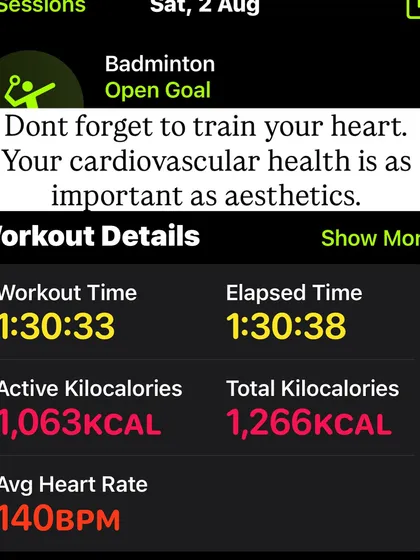 Don't forget to train your heart. Cardiovascular health is just as important as aesthetics. Here's a look at my workout details from a badminton session.