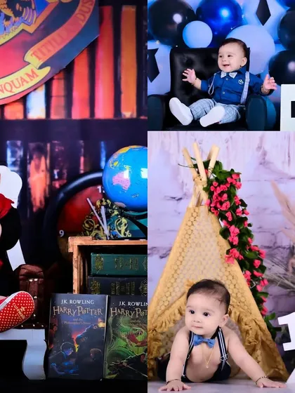 A collage of Harry Potter, Boss Baby, and a teepee-themed half-birthday shoot.