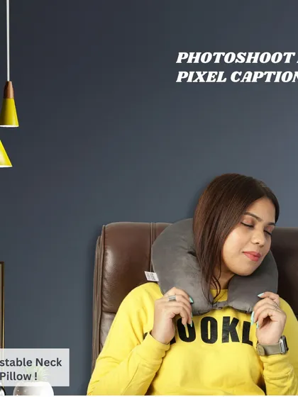 A branded lifestyle shot of a model relaxing with a neck pillow. This is a great image for social media ads or your website's homepage.