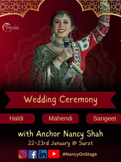 An announcement for a two-day wedding ceremony in Surat, where I hosted the Haldi, Mehendi, and Sangeet.