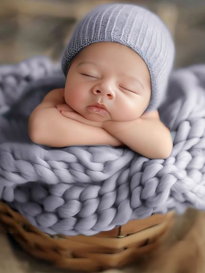 A cozy basket pose using a chunky knit blanket. The texture of the blanket adds depth and warmth to the image, making the baby look extra snug.
