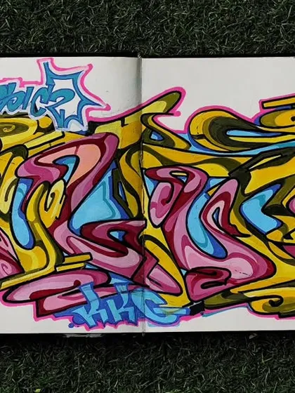 Going back to basics with a graffiti sketch in my black book. This is where the ideas start, working out the flow, letter structure, and color combinations before I ever touch a screen. This piece shows the wildstyle foundation of all my digital work.