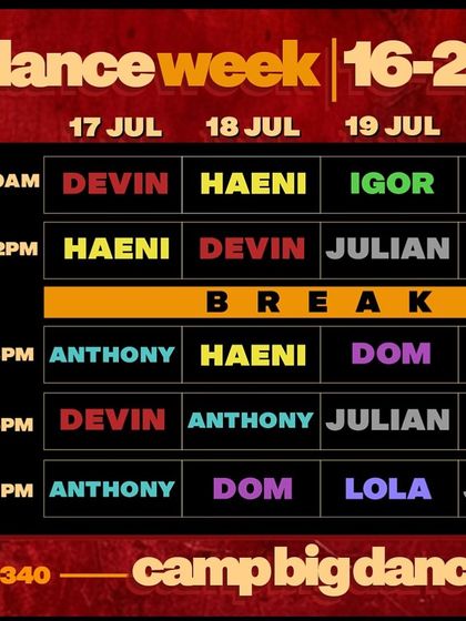 Here is the full schedule for Camp Big Dance. Four days, twenty classes, and seven international teachers. Plan your schedule and get ready for a global dance experience.
