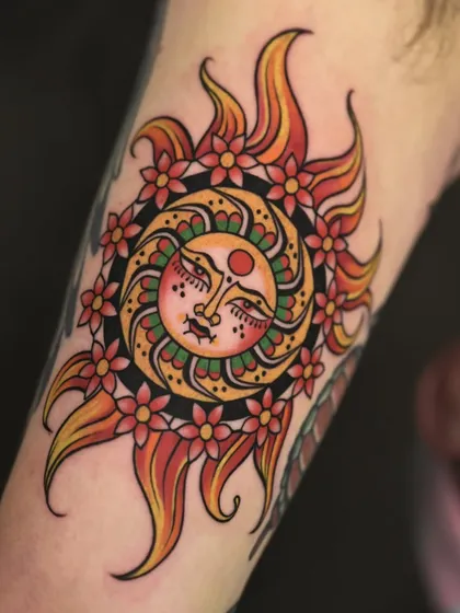 A vibrant, traditional-style sun tattoo, chosen by our client Mike as the perfect, soulful souvenir from his trip to India.
