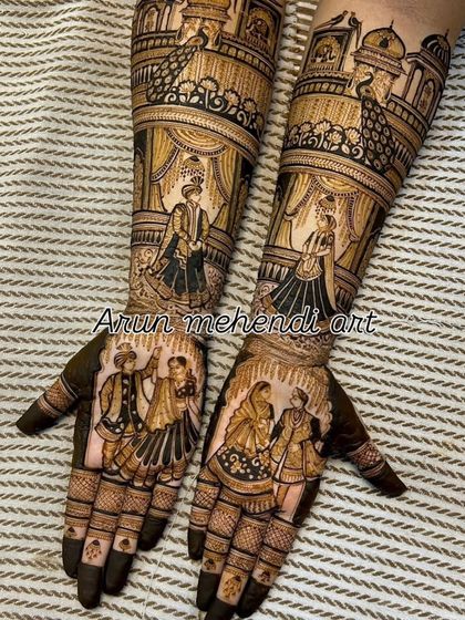 This design showcases multiple wedding scenes, with a varmala ceremony on the palms and another couple portrait on the forearms.