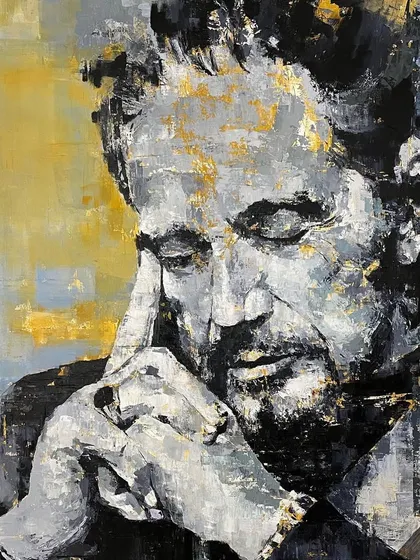 Titled 'Plato’s Discourse', this 5x4 feet portrait captures a moment of deep thought. The monochromatic palette with hints of gold leaf adds a classic, philosophical weight to the piece, inviting quiet contemplation.