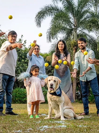 A shower of tennis balls for Spike the Labrador's 10th birthday! This shot is pure energy and celebration, with three generations of family joining in the fun. Milestone shoots are about celebrating your pet with all their favorite things and people.