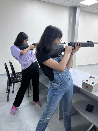 Students trying out shooting at the BS International School range in Electronic City. Our programs are open to all, with no age limit.