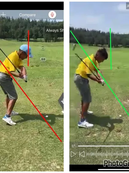 An online lesson with a player in Taiwan. The "before" shows a steep, over-the-top move, while the "after" shows a corrected, on-plane downswing.