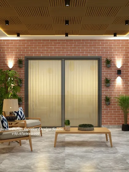 To create a different mood, I used an exposed brick wall for this balcony design. Paired with simple wooden furniture and warm wall lighting, it creates a cozy and modern outdoor lounge. The slatted wooden ceiling adds a final touch of sophistication.