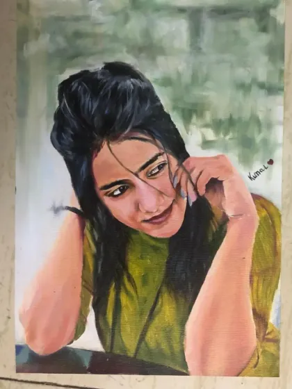 A candid and thoughtful oil portrait. The pose and lighting create a quiet, introspective mood.