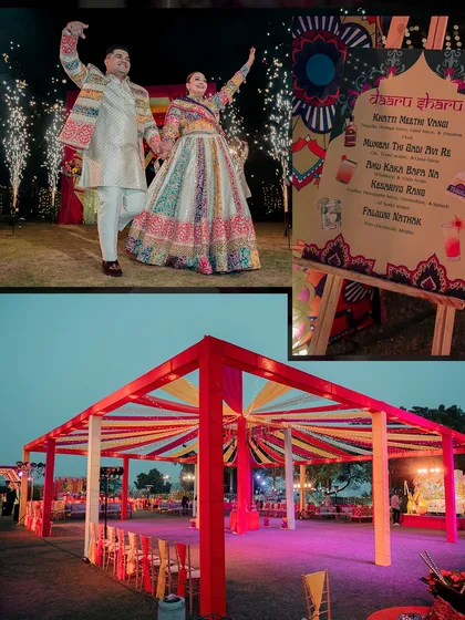 The couple's grand entrance for the Sangeet, complete with cold pyro, set the stage for an evening of dance and celebration.
