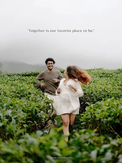 A playful moment of running through a tea plantation. Pre-wedding shoots in nature are perfect for capturing a couple's adventurous and joyful side.