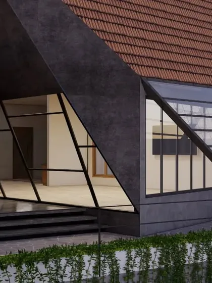 The facade of 'Kodial Cove' features a dramatic, angled roofline that incorporates traditional Mangalore tiles with contemporary glass and concrete. This design choice is both a stylistic statement and a practical response to the coastal region's climate.
