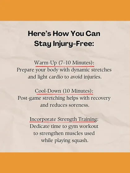 Here's how you can stay injury-free in a fast-paced sport like squash. We integrate dynamic warm-ups, post-game cool-downs, and strength training into our programs.