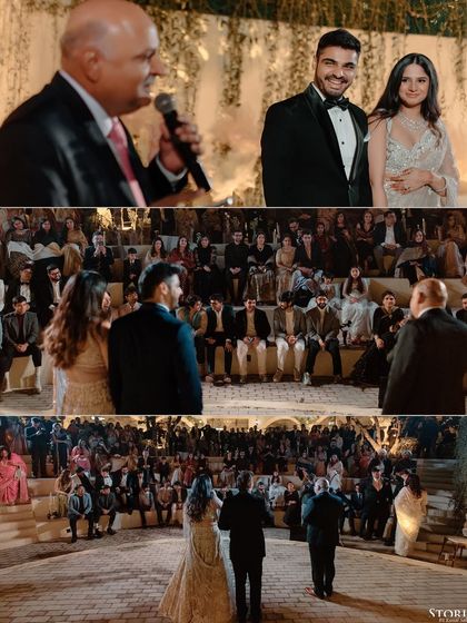 A collage of moments from Navya and Rishi's engagement, including a heartfelt speech from a family member and the large gathering of guests.