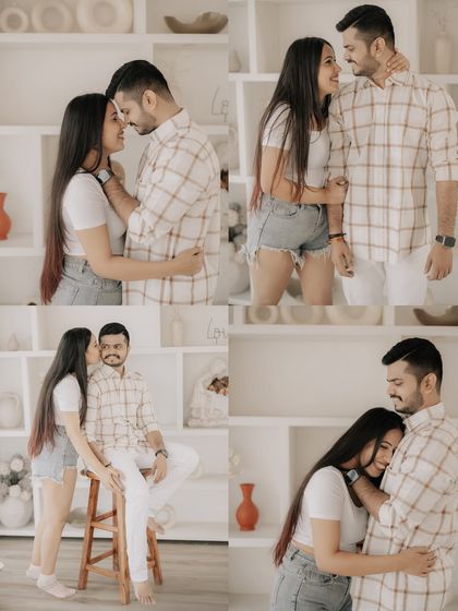 A four-image collage from a bright and airy studio shoot, showcasing a variety of loving and candid interactions.