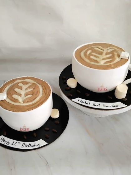 A pair of coffee-licious cakes for Samriddh's 12th birthday, who also happens to be the "World's Best Barista." These cakes are shaped like cappuccino cups with beautiful latte art.