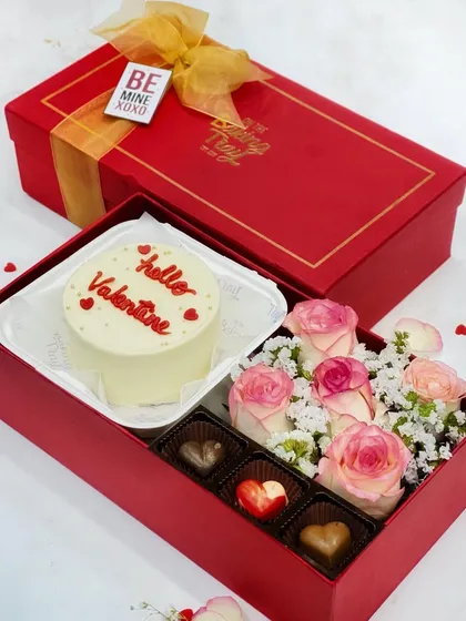 The ultimate Valentine's Day gift box. It includes a "Hello Valentine" bento cake, a bouquet of fresh roses, and a set of my heart-shaped couverture bonbons.