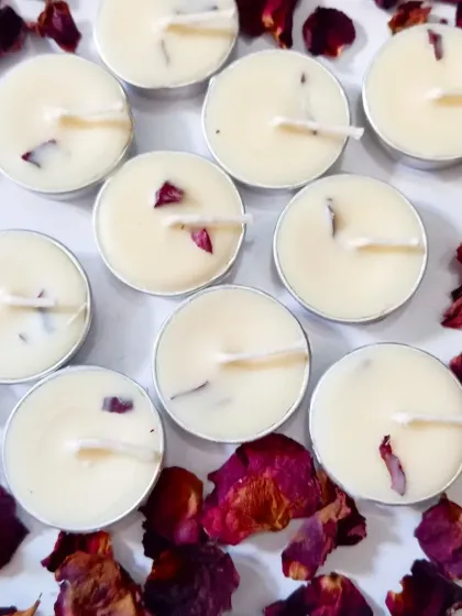 I love adding natural elements to my candles. These scented soy wax tealights are infused with real, air-dried rose petals, adding a touch of romance and a beautiful look to each hand-poured candle.