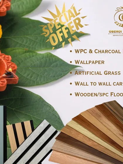 I always have special offers to give you the best value. This graphic showcases the variety of products I offer, including WPC panels, wallpapers, artificial grass, carpets, and flooring, all available at great prices.