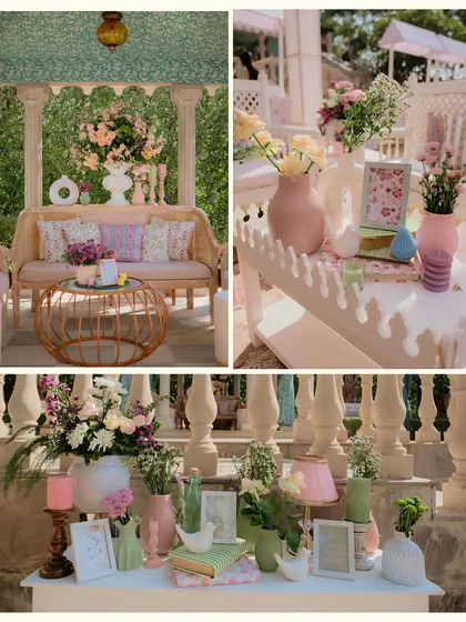 A collage of a pastel Mehendi, showing the rattan lounge seating, hand-painted vases, and delicate tablescapes that created a fresh, pretty, and playful atmosphere.