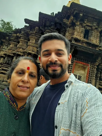 A selfie with my Aai at the Mahalakshmi Temple in Kolhapur. Visiting these sacred places together is always a special blessing.