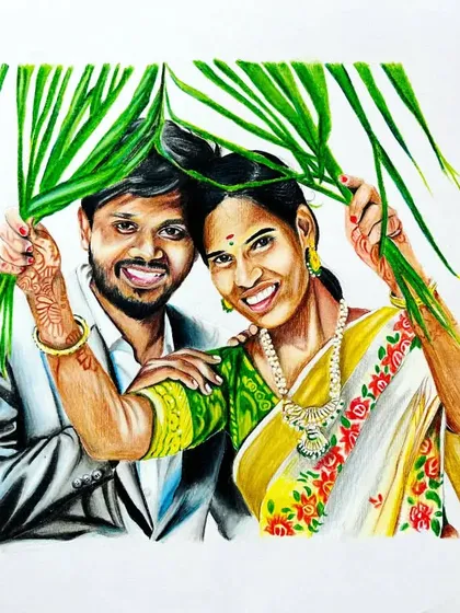 A beautiful and happy couple captured in a colorful portrait. I enjoyed drawing the natural elements and the bright, traditional clothing.