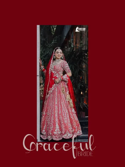 A beautiful full-length portrait of bride Hashmeeta in her stunning red wedding lehenga.