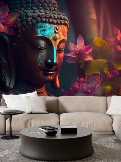 A vibrant and artistic representation of Buddha, with colorful flowers and neon-like accents. This modern take on a classic subject is a true statement piece.