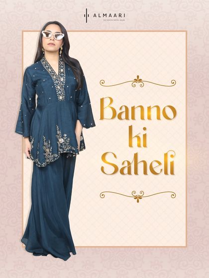 For the "Banno ki Saheli" or the bride's bestie. This teal peplum top with matching palazzo pants is a stylish and comfortable choice for running around and dancing the night away.