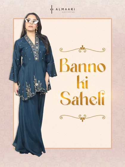 For the 'Banno ki Saheli' or the bride's best friend. This graphic showcases a stylish teal embroidered tunic and palazzo set, a perfect choice for a sangeet or cocktail night.