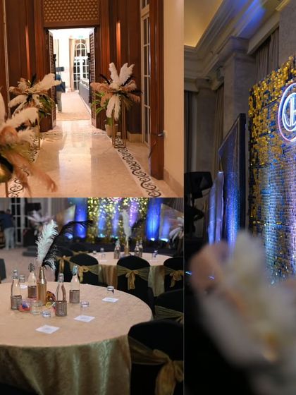 A look at the cohesive decor elements of the Gatsby party, from the feathered arrangements in the hallway to the table settings and the shimmering stage backdrop.