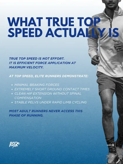True top speed is not about effort, it's about efficient force application at maximum velocity. Elite runners demonstrate minimal braking forces and short ground contact times, a phase most adult runners never access.