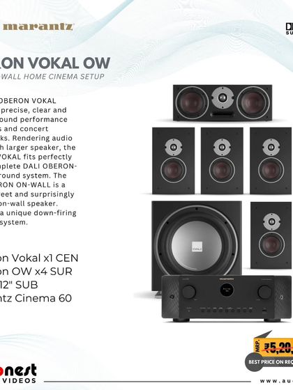 This package features a complete Dali Oberon 5.1 channel on-wall system. Powered by a Marantz Cinema 60 AVR, it's designed for clients who want a high-performance, discreet home cinema setup in their living room.