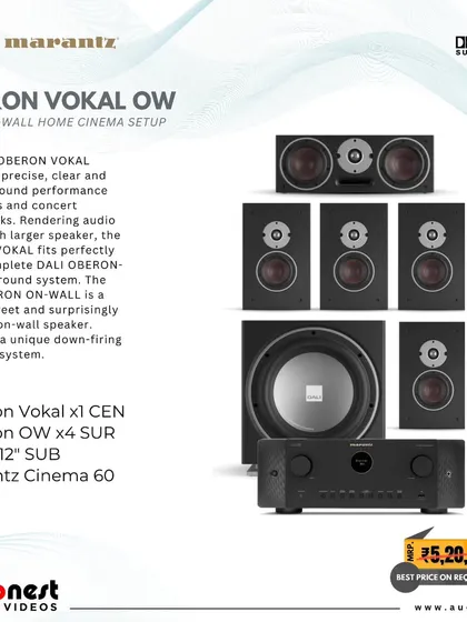 This package features a complete Dali Oberon 5.1 channel on-wall system. Powered by a Marantz Cinema 60 AVR, it's designed for clients who want a high-performance, discreet home cinema setup in their living room.
