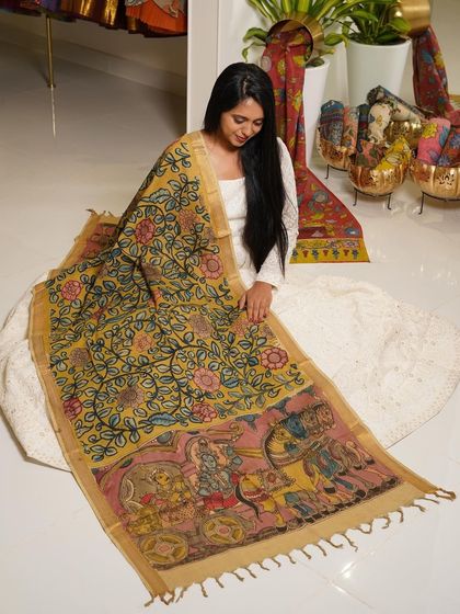 This is a glimpse into my Kalamkari Edition, featuring a wide array of hand-painted dupattas and fabrics from the Indralokam series. Each piece is a unique story, available for you to customize into your dream outfit.