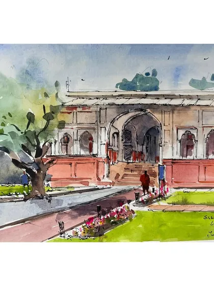 A watercolor and ink sketch of Sher Mandal, which I was determined to capture despite the drive and parking challenges. As a history student, sketching this monument with the Urban Sketchers Delhi group was a real treat.