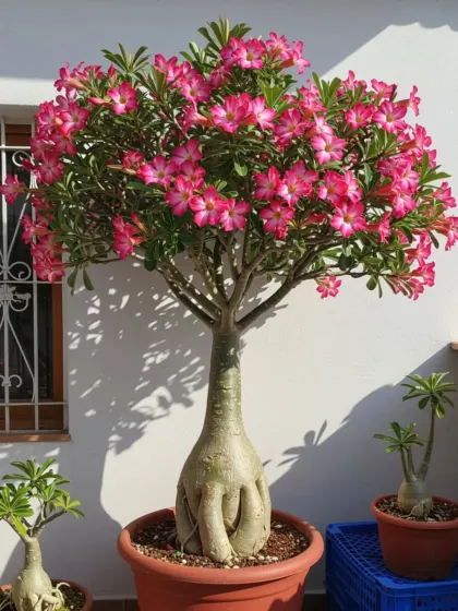 A mature Desert Rose (Adenium) in full bloom, showcasing its unique swollen trunk and vibrant pink flowers. This drought-tolerant plant is perfect for sunny balconies and patios.