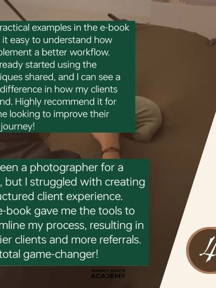 Testimonials from photographers who found my e-book to be a game-changer for their client journey and business organization.