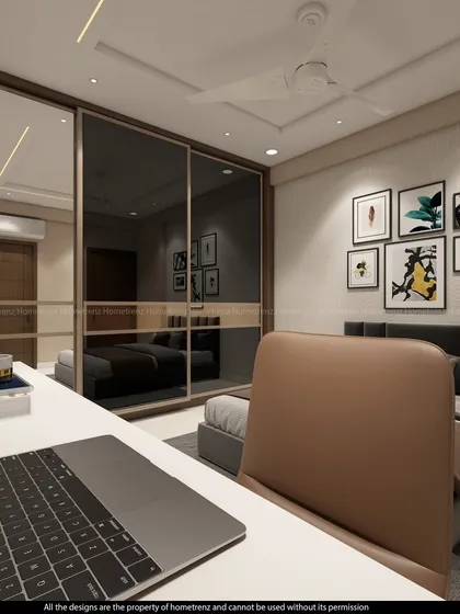 A close-up of the study desk in the guest bedroom, showing how a functional workspace can be seamlessly integrated into the room's design.