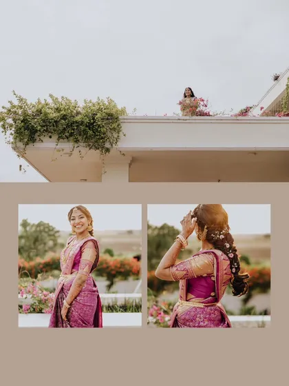A collage of beautiful bridal portraits in a stunning purple saree, captured in a serene outdoor setting.