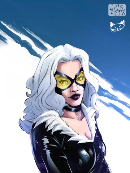 Another version of Black Cat, this time with her yellow-tinted goggles. This small detail changes the feel of the portrait, giving it a different comic book era vibe.