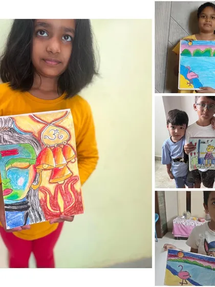 A collage of my amazing students with their artwork, from divine depictions of Shiva to colorful flamingo sunsets. Each piece is a testament to their growing skills.