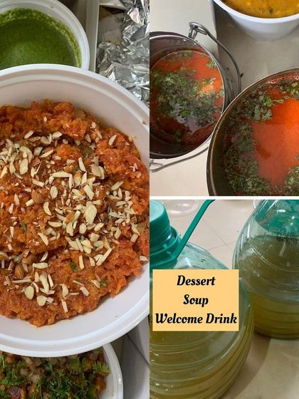 A collage of dessert, soup, and a welcome drink.