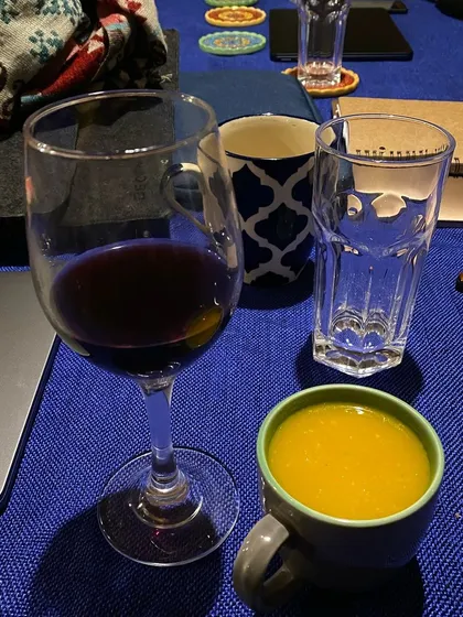 The evenings are for unwinding. A glass of wine, warm soup, and good company make for the perfect end to a productive day of writing.