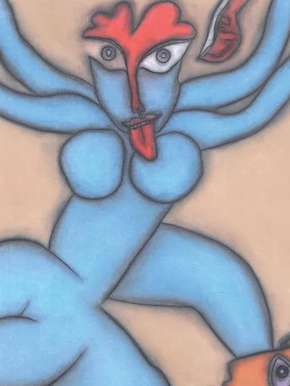 Another depiction of 'Kali', this one a pastel on paper by Prokash Karmakar, from our 2008 auction archives. Karmakar's pop art-influenced, surreal style offers a completely different but equally powerful interpretation of the goddess.